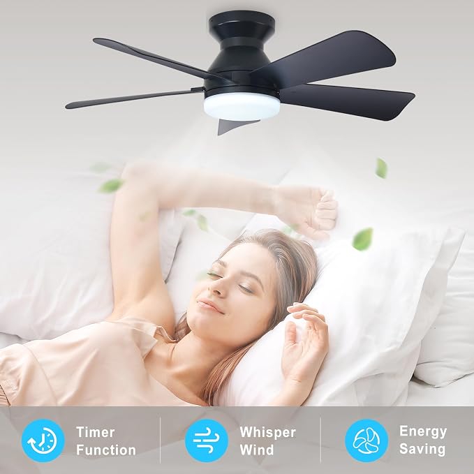 Depuley Modern Ceiling Fan with Light: 35-Inch Black Small Fans for Bedroom Indoor Outdoor - Dimmable Low Profile Ceiling Fans with Remote Control Flush Mount 5 Reversible Black Blades 6 Speeds Timer