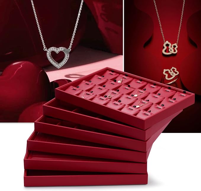 Oirlv Red Leather Jewelry Tray 12-Grid | Red Leather Exterior, Soft Microfiber Interior, 35X24X3Cm Tray with 12 Grid Inserts, Bold Color, Versatile Jewelry Organizer