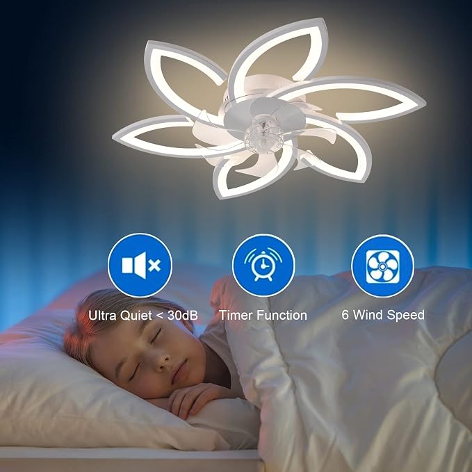 30" Geometric Ceiling Fan with Light Remote Control, 6 Speeds 3 Colors, White Low Profile Flush Mount Ceiling Fan for Kitchen Bedroom Living Room