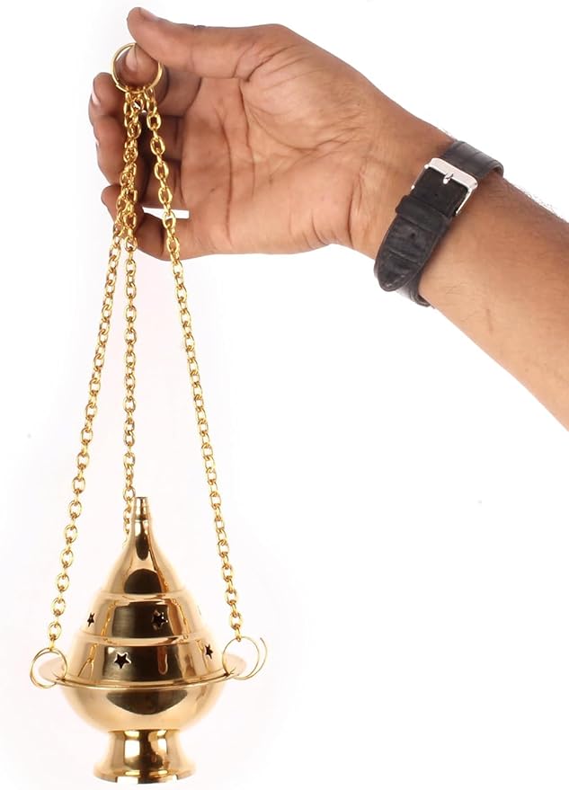 FASHCRAFT Brass Hanging Incense Burner with Chain – Star Cut Design, Antique Finish Loban Dhoop Dani for Home Temple & Puja Room Fragrance – 4.5 Inches Height