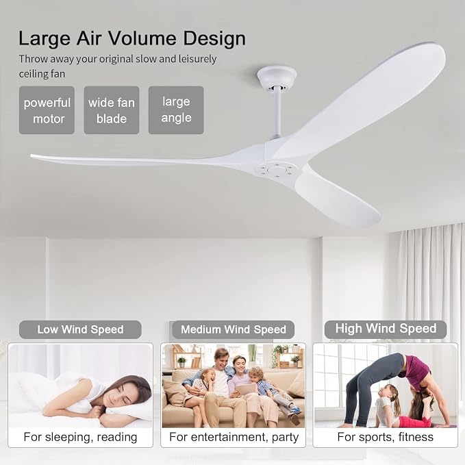Large Ceiling Fans without Lights, 72 Inch Ceiling Fan no Light with Remote Control, 3 Solid Wood Blades Indoor Outdoor Fans Ceiling for Patios Porch Living Room Office (White Blades)