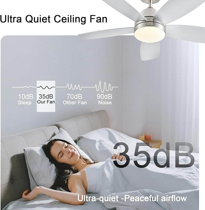 Ceiling Fans with Lights, 42 Inch Low Profile Ceiling Fan with Lights and Remote Control, LED Dimmable DC Reversible, 8 Speed, Noiseless, Modern Nickel Ceiling Fan for Bedroom, Indoor/Outdoor Use