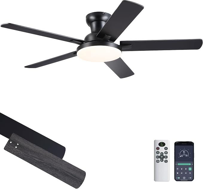 Ceiling Fans with Lights, 52 inch Flush Mount Ceiling fan with Remote Control/APP, Low Profile Ceiling Fan with 5 Blade Reversible, 3CCT, Dimmable, Modern Fan Light for Bedroom, Living Room