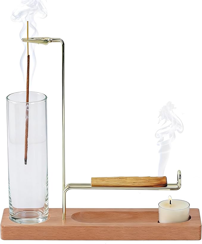 3 in 1 Incense Holder for Burning Insence-Stick & Palo Santo & Sage Sticks, Hanging Upside Down Incense Stick Burner with Glass Ash Catcher, Lasting Burning Palo Santo Sage Burner for Altar