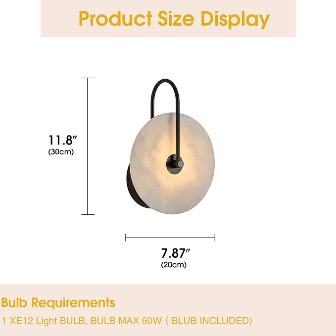 Round Alabaster Wall Sconce, Natural Marble Lampshade Wall Sconce, Hardwired Circular Sconce LED Modern Wall Lamp for Bedroom, Stairs, Living Room, Bedside, Hallway 7.84 Inch Black