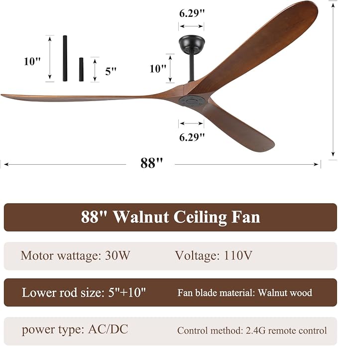 88" Ceiling Fan, Extra Large No Lights, 3 Wood Walnut Blades, DC Motor, Reversible Propeller Outdoor Ceiling Fan for Patios, Exterior House Porch, Farmhouse Gazebo with Remote Control