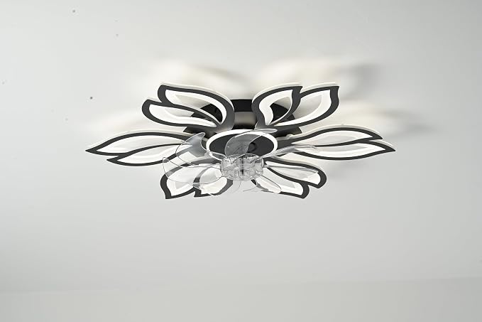 Modern Flower Petal Ceiling Fan with Light, Low Profile Flush Mount LED Fandelier with 3-Color Dimmable Light & 6-Speed Remote, Quiet Bladeless Fan for Bedroom/Living Room – Black