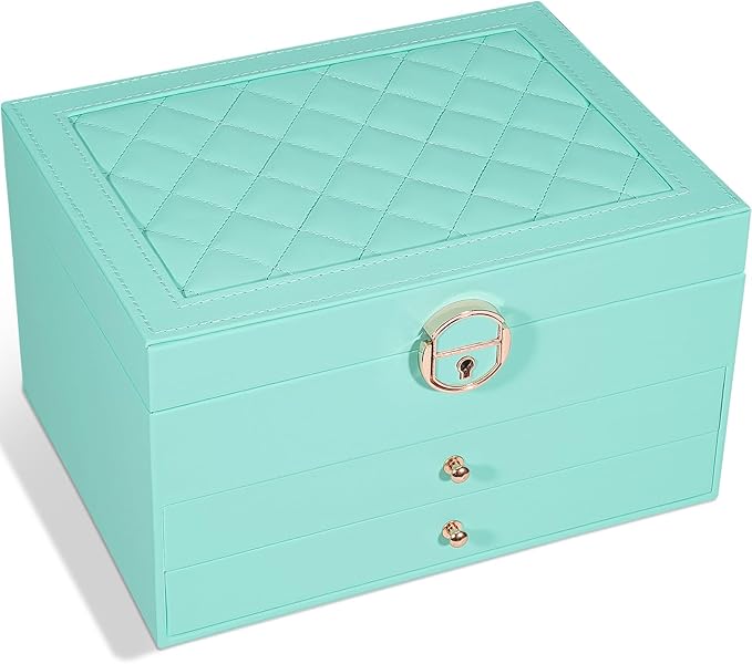 GUOER Jewelry Box for Women Girls, 3 Layers Large Jewelry Organizer (Teal) | Vintage Quilting Stitching PU Leather, Earrings Bracelets Rings Necklace Watches Storage Large Jewellery Holder Case Gifts