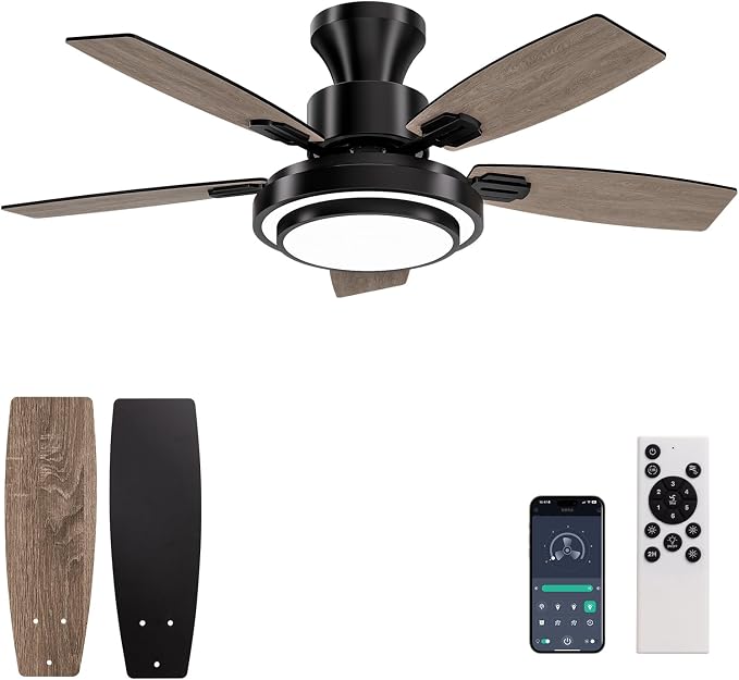 Ceiling Fans with Lights and Remote Control, 42 Inch Low Profile Ceiling Fan with Quiet Reversible DC Motor, Dimmable LED Lighting, 6 Speeds, Timer, Black Ceiling Fan for Bedroom Living Room