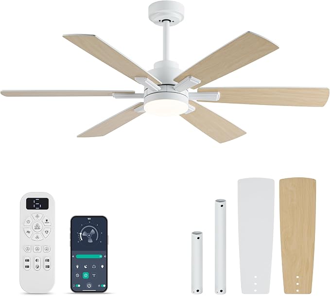 OURSTAR Ceiling Fans with Lights and Remote Control, White Ceiling Fan with Light 3-Color LED Dimmable, Memory for Lighting and Fan Reversible, 6-Speed, Timer, Indoor/Outdoor Use, 52 Inch