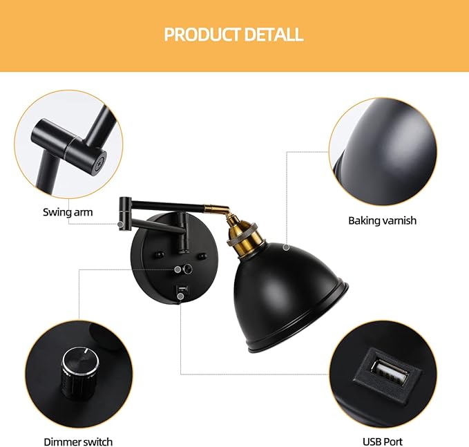 Swing Arm Wall Sconces, Plug-in Wall lamp,Bedroom Wall lamp ， White Fabric Shade，，with dimmable Switch and USB Charging Port, Suitable for Bedside, Living Room, Reading (Metallic Black)