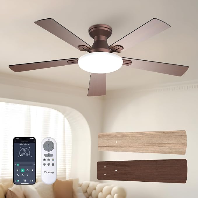 Passky Ceiling Fans with Lights, 52 inch Flush Mount Ceiling fan with Remote Control, Low Profile Ceiling Fan for Bedroom, Farmhouse, Reversible, 3CCT, Dimmable, Noiseless DC Motor, Brown