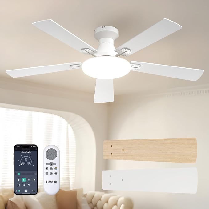 Passky Ceiling Fans with Lights, 52 inch Flush Mount Ceiling fan with Remote Control, Low Profile Ceiling Fan for Bedroom, Farmhouse, Reversible, 3CCT, Dimmable, Noiseless DC Motor, White