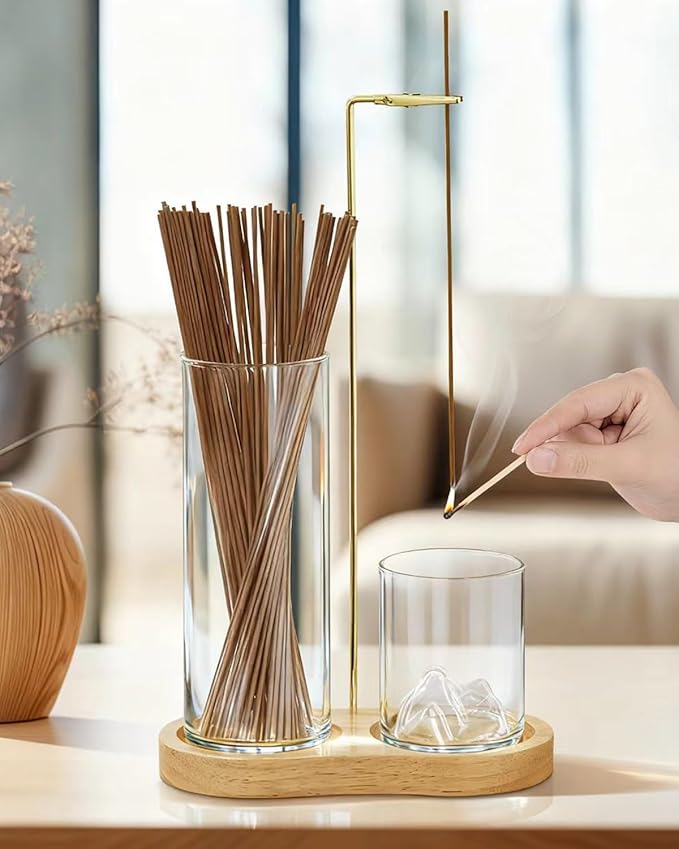 2-in-1 Glass Incense Holder for Sticks, Wooden Incense Burner with Ash Catcher & Incense Storage, Anti-Ash Flying Incense Stick Holder for Meditation, Yoga, Spa, and Home Decor(Natural Wood)