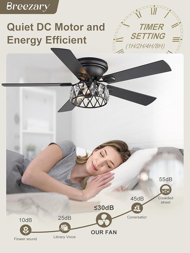 52 Inch Flush Mount Ceiling Fans with Lights and Remote, Double-Sided 5-Blade, 6-Speed Reversible DC Motor, Modern Low Profile Ceiling Fan Crystal Fandeliers for Bedroom Living Room Kitchen (Black)