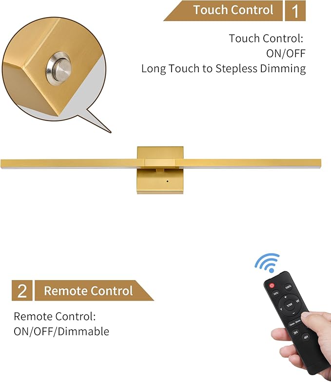 Rayogale Gold Battery Operated Wall Sconces with Remote Control | 3000/4500/6000K Dimmable 8000mAh Wireless Rechargeable Wall Sconces Set of Two with Timer for Living Room, Bedroom, 24 Inch