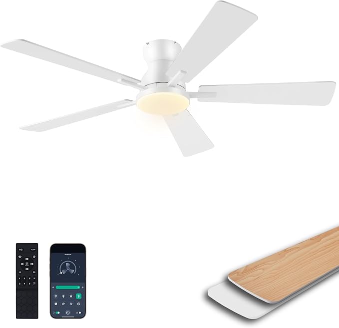 Ayaoty Ceiling Fans with Lights,52 Inch White Low Profile Ceiling Fan with Light -Flush Mount Dimmable, Quiet DC Motor for Outdoor Patio,Garage,Bedroom