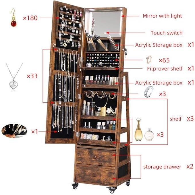Rotating Jewelry Cabinet with Vanity Mirror,Full Length Mirror with Storage Jewelry Armoire Lockable Jewelry Organizer Standing Mirror with Drawers Wheels Christmas Gift for Girl Rustic Brown