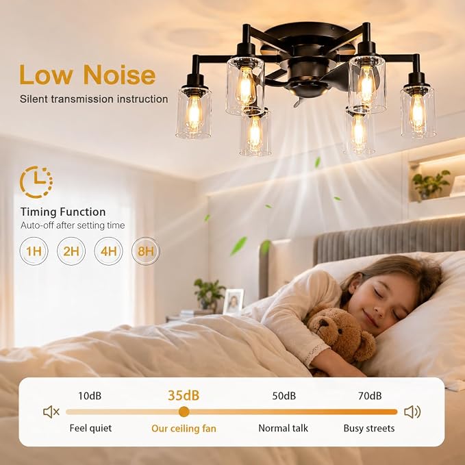 Garwarm 26IN Ceiling Fans with Lights, Black Flush Mount Ceiling Fan with Lights Remote Control,Low Profile Bladeless Ceiling Fan Light Fixture for Bedroom, Kitchen, Dining Room