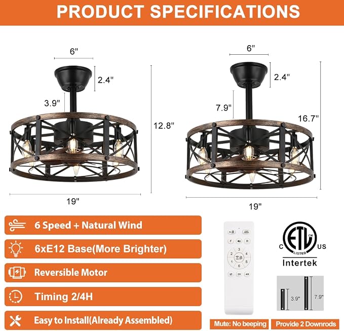 SHLUCE 19" Farmhouse Fandelier Ceiling Fan with Light, Caged Bladeless Ceiling Fans with Lights and Remote, Modern Small Enclosed Ceiling Fans with Lights for Living Room, Bedroom, Black - ETL