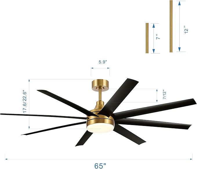 65" Ceiling Fans with Lights Remote Control, Industrial Gold and Black Ceiling Fan with Reversible DC Motor, 6-Speed, 3CCT Led, 8 ABS Blades Large Ceiling Fan Fandeliers for Bedroom Living Room
