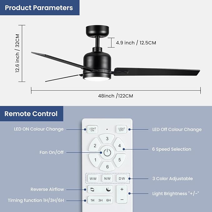 Newday 48 Inch Ceiling Fans with Lights Remote, Black Ceiling Fans Dimmable 3 Color Temperature, Timer, 3 Blades, 6 Speed Modern Fan Quiet Reversible DC Motor for Indoor or Covered Outdoor