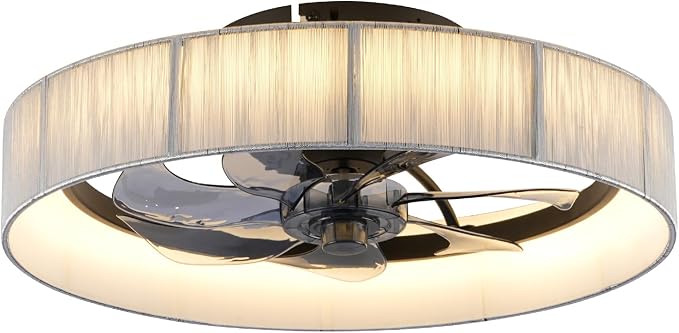 20" Flush Mount Caged Ceiling Fan with Lights, Low Profile Fandelier with Remote/App Control, 6 Speeds Dimmable LED Ceiling Fan, Fabric Farmhouse Style for Bedroom Kitchen Living Room