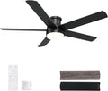 52 Inch Flush Mount Black Ceiling Fan with Light and Remote | 6-Speed Quiet Reversible DC Motor, Dimmable 3CCT LED, 3 Timing Settings, 5-Blade Modern Design, Indoor or Covered Outdoor Use