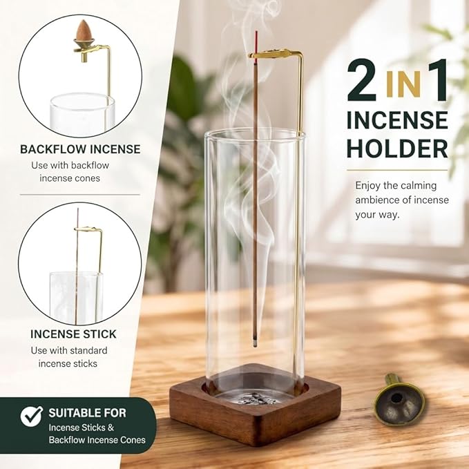 Glass Incense Holder, Hanging Incense Stick Burner with Ash Catcher, 2 in 1 Backflow Cone Holder on Wooden Base, Anti-Ash Zen Decor for Meditation, Yoga (Round)