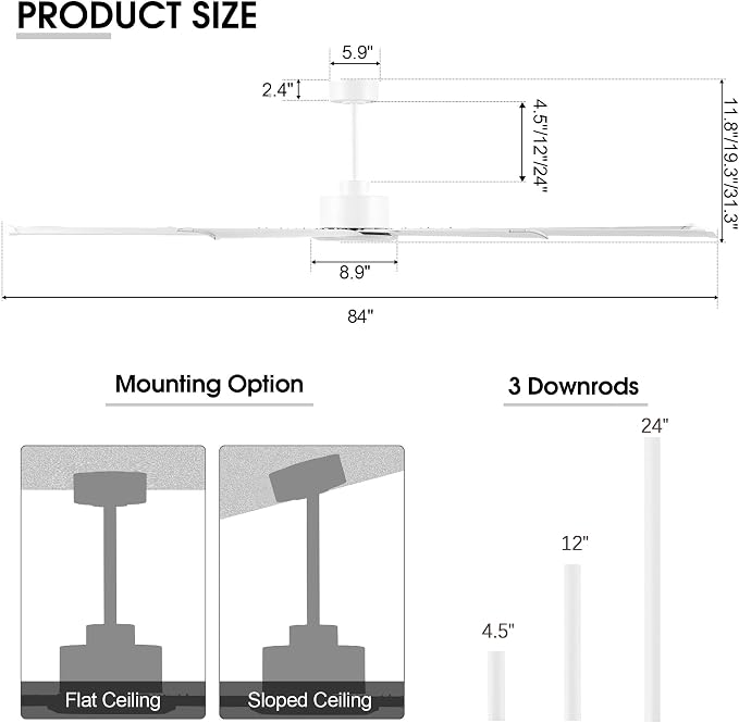 WINGBO Industrial Ceiling Fan No Light 84", 9 Aluminum Blades, 6 Speed Remote Control, Reversible DC Motor, for Home and Commercial Use, Living Room/Shop/Warehouse White