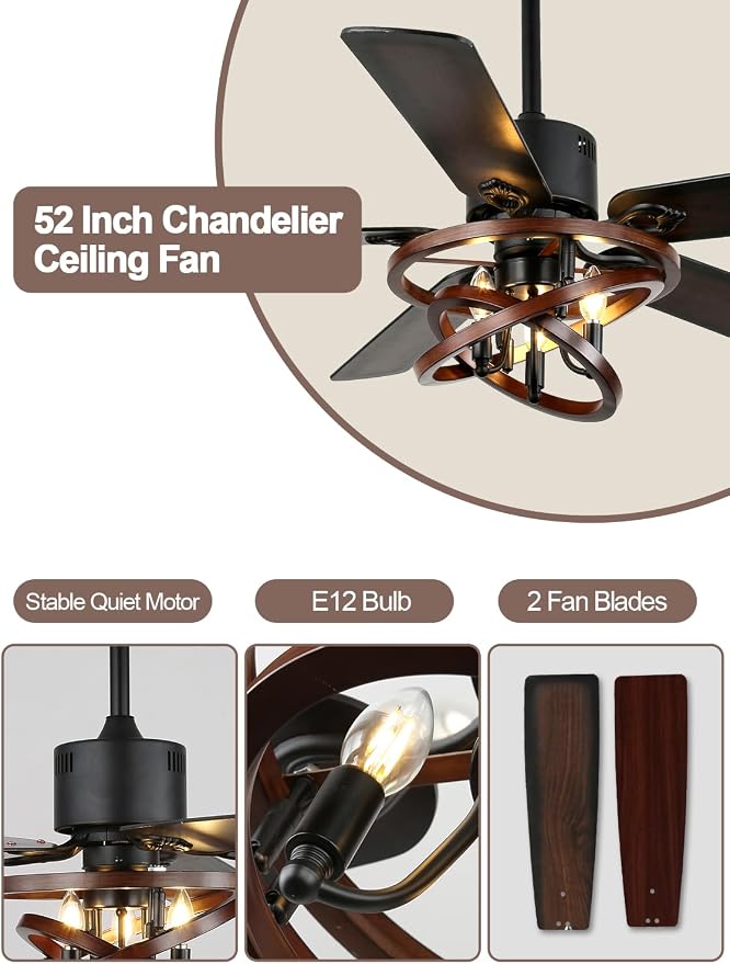 52 Inch Farmhouse Ceiling Fan with Light and Remote Chandelier Fan Quiet and Reversible DC Motor Rustic Ceiling Fan for Living Room Bedroom Patio