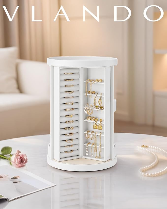 VLANDO 360°Rotating Jewelry Box,Earring Organizer Large Vertical Jewelry Organizer with 6 Necklace Hooks, Open Ring Display Storage for Women -White