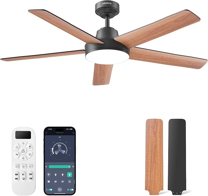 AKOFUN Ceiling Fans with Lights and Remote, Low Profile Ceiling Fan with Light, 6 Speed, Dimmable, DC Motor, Quiet, Timer, Modern LED Ceiling Fan for Bedroom Living Room 52 inch, Black