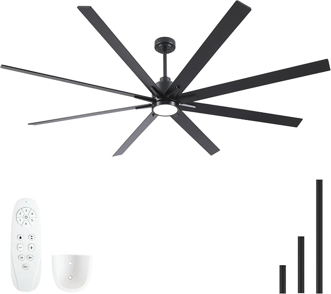 Rayqueen 84 Inch Black Ceiling Fans with Lights and Remote,Includes Downrod | Black Blades,6 Speed Reversible DC motor,3-color temperature dimmable LED.5.9/11.8/23.6 inch downrod