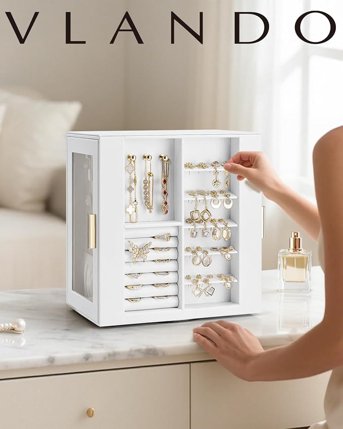 VLANDO 360° Rotating Jewelry Box with 5 Drawers, Large Jewelry Storage with 2 Glass Window, PU Leather Jewelry Organizer for Bracelets, Necklaces, Earrings, Rings - White