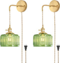 Shenmoyl Vintage Wall Sconce with Green Striped Glass Shade Hanging Wall Sconce with 4.9FT Plug in Cord, Modern Wall Lamp Fixtures Decor for Bedside Bedroom Indoor Doorway, Set of 2