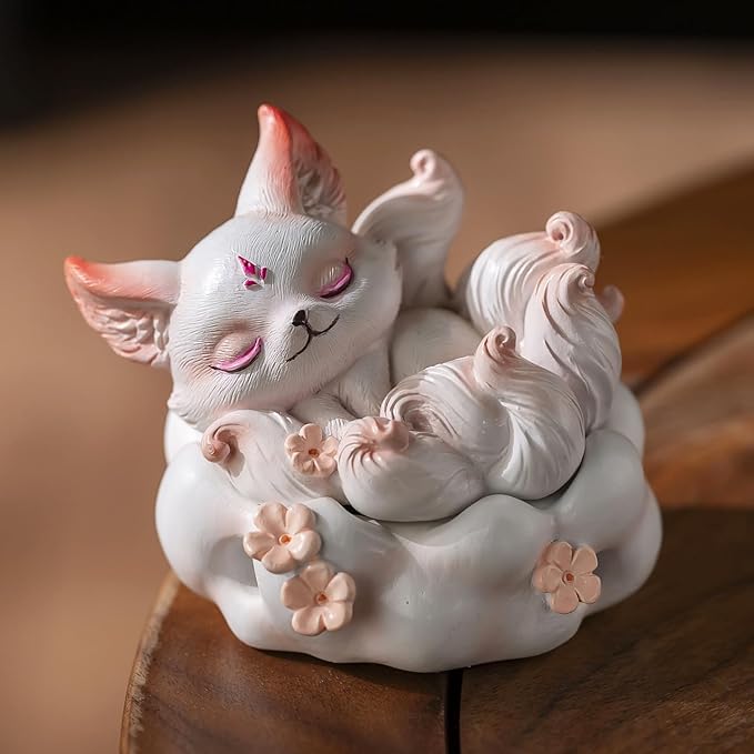 Cute Nine-Tailed Fox Decorative Incense Holder, Resin Sleeping Fox Figurine Cone Coil Incense Burner with Lid, Ash Catcher for Yoga Meditation Spa Home Office Aromatherapy Decor (White)