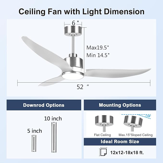 52 Inch Silver Ceiling Fan with Lights and Remote High CFM 3 Blades | Quiet DC Motor, Sleek, Reversible Motor, Timer, 6 Speeds, for Indoor Outdoor Bedroom Living Room Kitchen