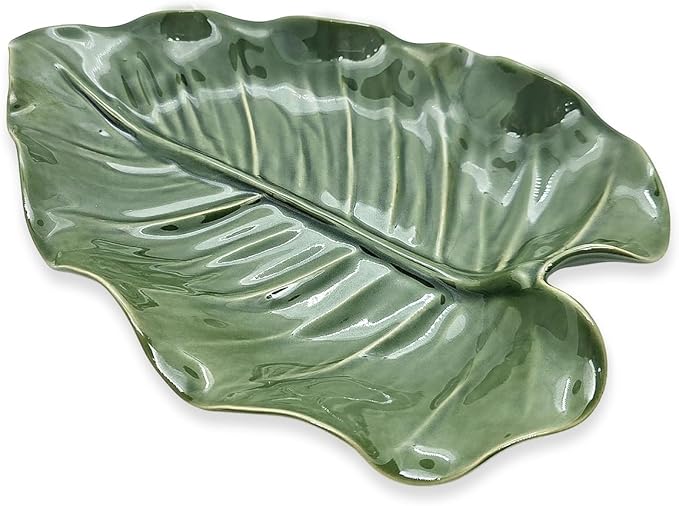 9½" Green Philodendron Leaf Shaped Tray - Handmade Ceramic Porcelain Decorative Plate Dish Catchall Miniature Container for Jewelry Personal Items Incense Holders Trays Décor Gifts