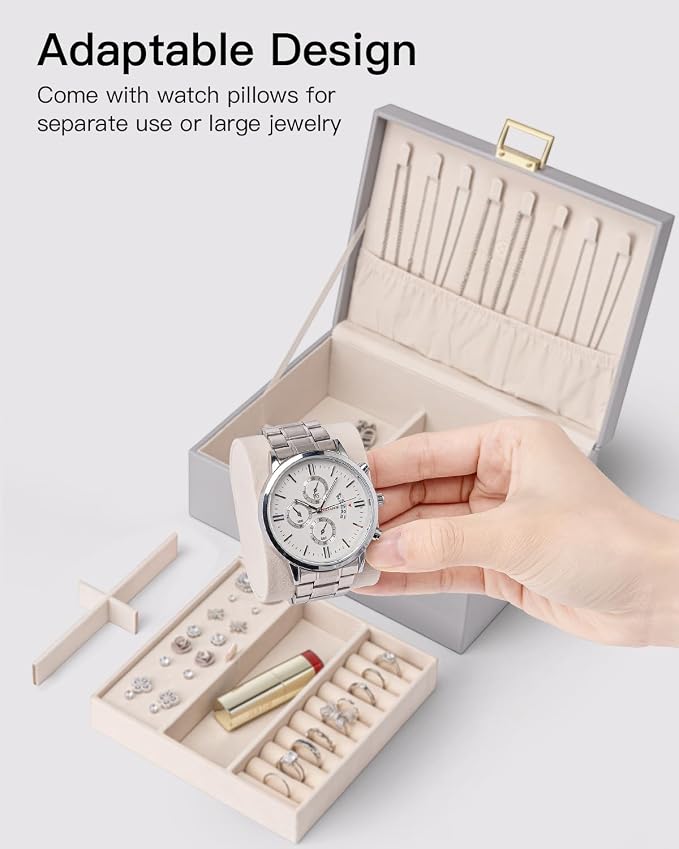 VLANDO 2 Layer Jewelry Box Large Jewelry Organizer for Women Removable Jewelery Tray with Watch Pillow for Necklace Earrings Rings Bracelets Gifts for Couples Mom Friends, Bridesmaid (Grey)