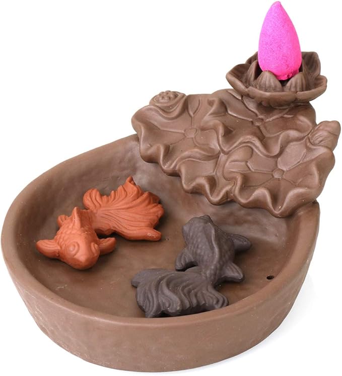 NewEGG Two Fishes Ceramic Purple Clay Smoke Backflow Incense Cone Sticks Burner Holder