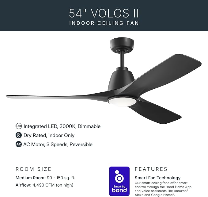 Kichler 54" Volos II 3 Blade Ceiling Fan in Black with Black Blades, Easy-to-Install AC Motor, Downrod, 300054-BK