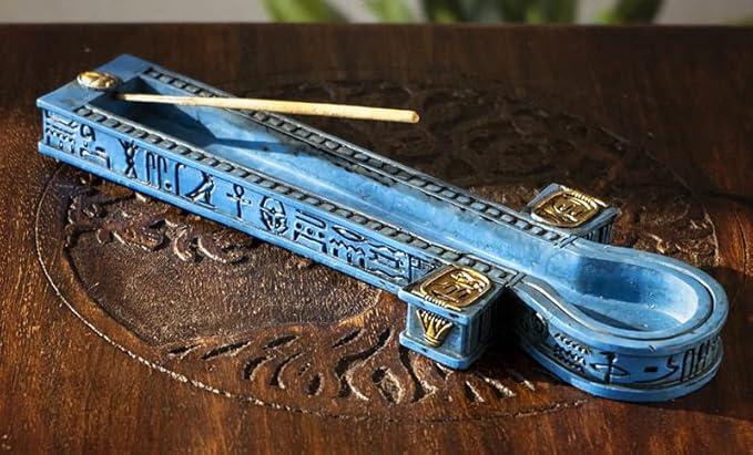 Ebros Gift Egyptian Beautiful Blue Hieroglyphic Symbols Golden Cartouche Ankh Key Incense Stick Burner Holder Figurine Gods of Egypt Talisman of Balance Health and Life Force