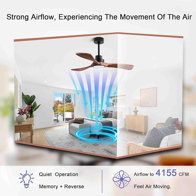 42-inch Silent Ceiling Fan Light with Remote Control, 3CCT, Walnut Finish | mobile app, full memory function, for use in living rooms, dining rooms, bedrooms, offices, balconies, and outdoors.