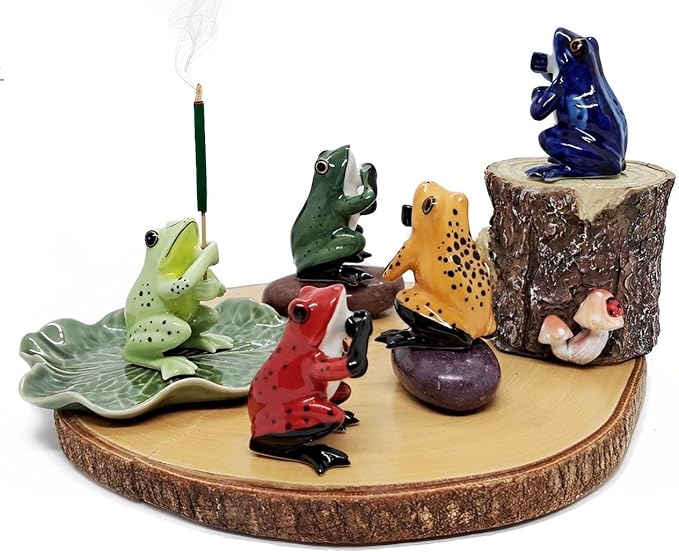 2" Dark Green Frog On 4" Wide Lotus Leaf Ceramic Incense Stick Holder Artistic Collectible Figurine for Adult Collectors Interior Accent Gift Handcrafted Porcelain Home Room Decor