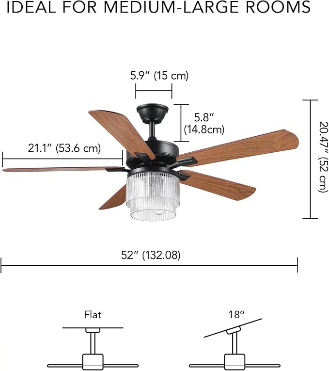 52" Matte Black 2-Light Indoor/Covered Outdoor Ceiling Fan with Glass Shade and Remote Control | WhisperQuiet DC Motor, 6 Speeds, Reversible Blades, Reversible Airflow, Remote Included, Bulbs Sold Separately