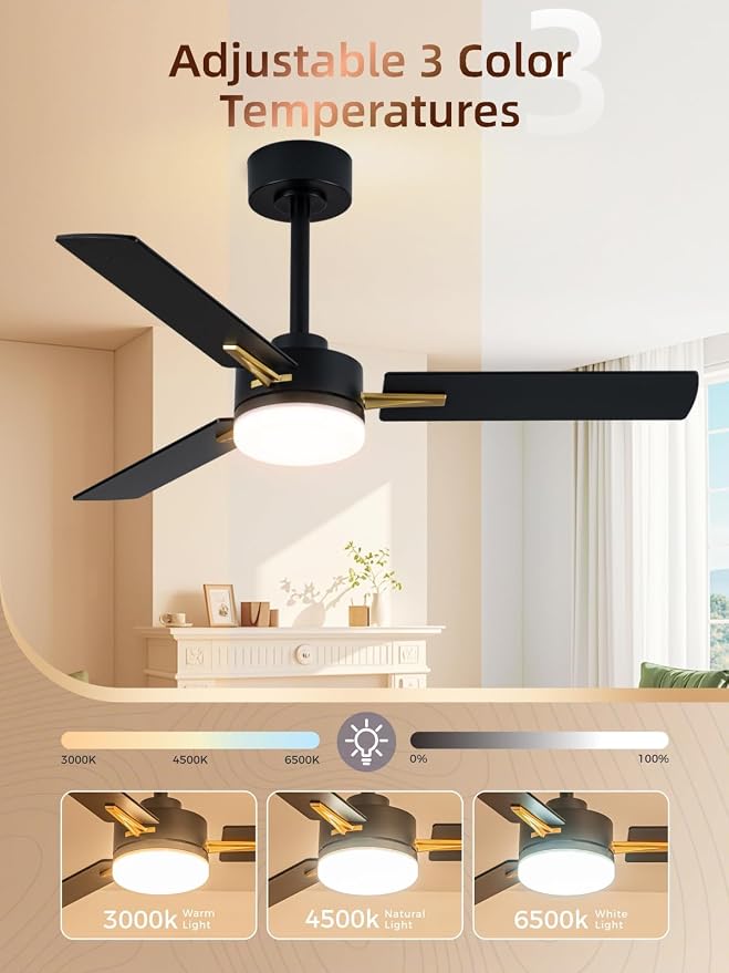 LANMEL 42 Inch Ceiling Fans with Lights, App&Remote Control, Low Profile Modern Ceiling Fan, 6 Speed, Reversible, 3000k-6500k Dimmable LED, Quiet DC Motor for Indoor Outdoor Use, Gold Black