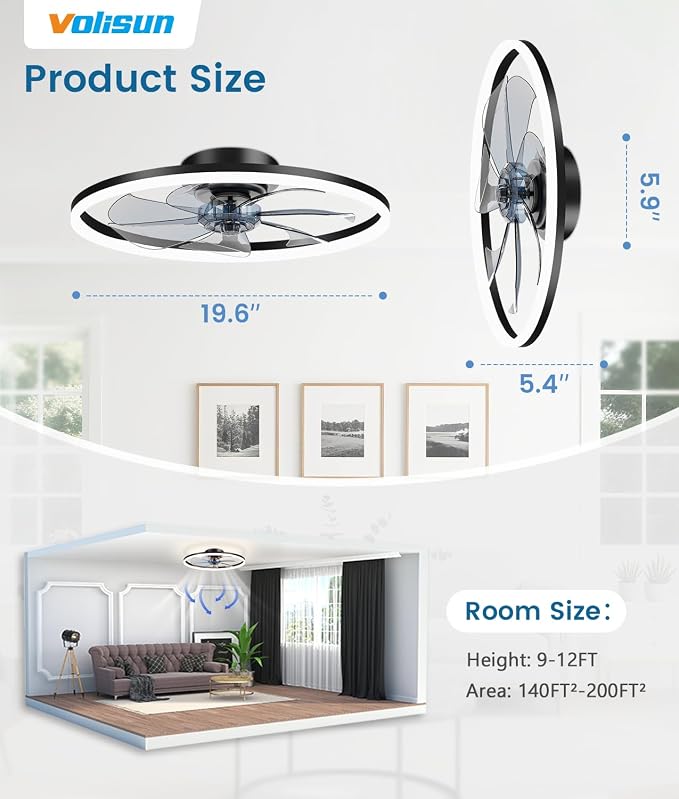 VOLISUN Low Profile Ceiling Fans with Light and Remote, No Assembly, 20in Fandelier Ceiling Fan with Lights, 3000K-6500K Dimmable Flush Mount LED Fan Light, Black Bladeless Ceiling Fans for Bedroom