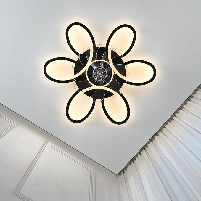 Black-Star Ring Ceiling Fans with Lights and Remote, 27 Inch Modern Low Profile Flush Mount Ceiling Fan, Dimmable LED Ceiling Light Fixture, Small Ceiling Fans for Bedroom, Kitchen, Indoor-Black