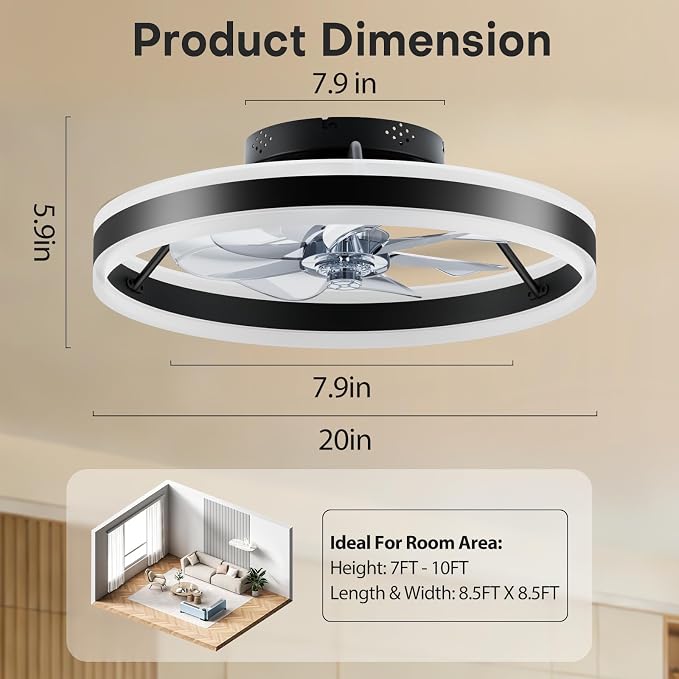 Ceiling Fans with Lights and Remote, 20" Low Profile Flush Mount Ceiling Fan, Pre-Assembled Design, Quiet DC Motor, 6 Wind Speeds, Dimmable 2700-6500K LED Light, Modern Ceiling Fan for Bedroom (Black)